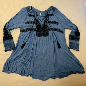 Free People blue embroidered mini dress. Size S.